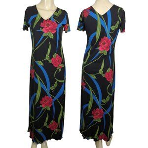PASSPORTS Vintage V neck Floral Bright Colorful Cap sleeve Black Red Mini dress‎